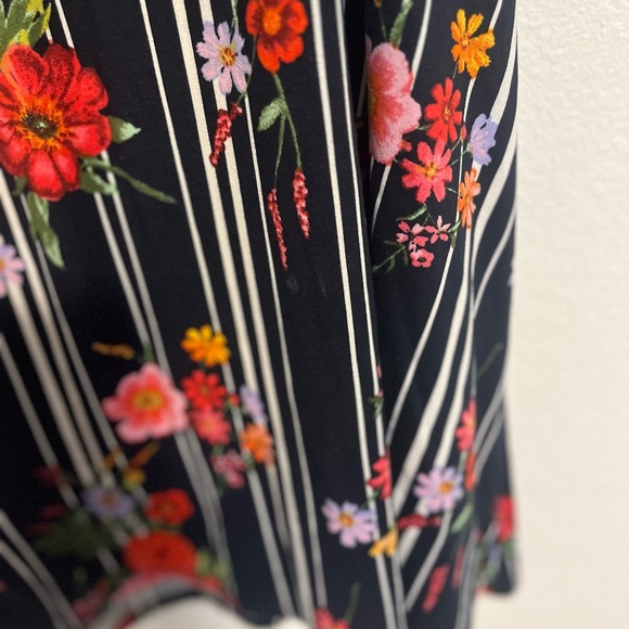 Floral Striped Midi Dress - Black with Red and Pink Flowers - Picture 2 of 6